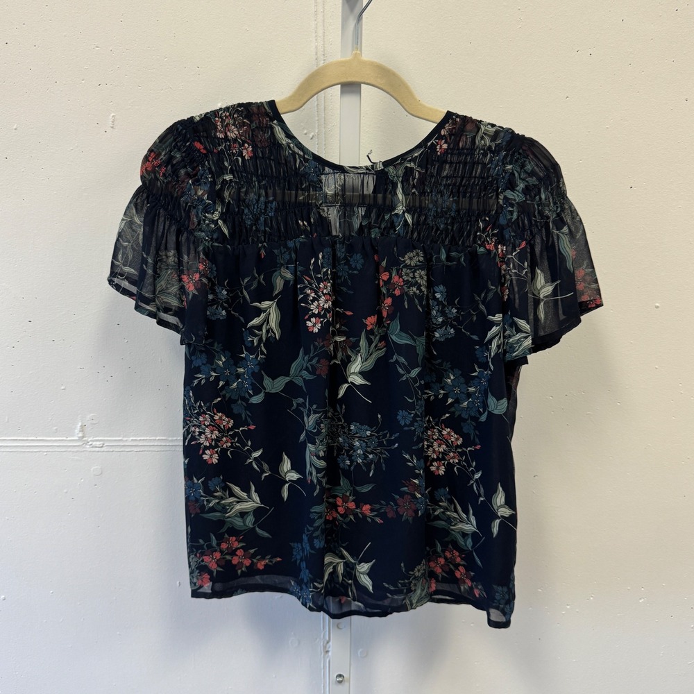 Vince Camuto Navy Floral Smocked Chiffon Flutter Sleeve Blouse XXS Career Boho